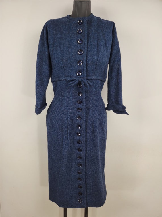 Vintage 1950s R&K Originals Navy Blue Wool Button… - image 2