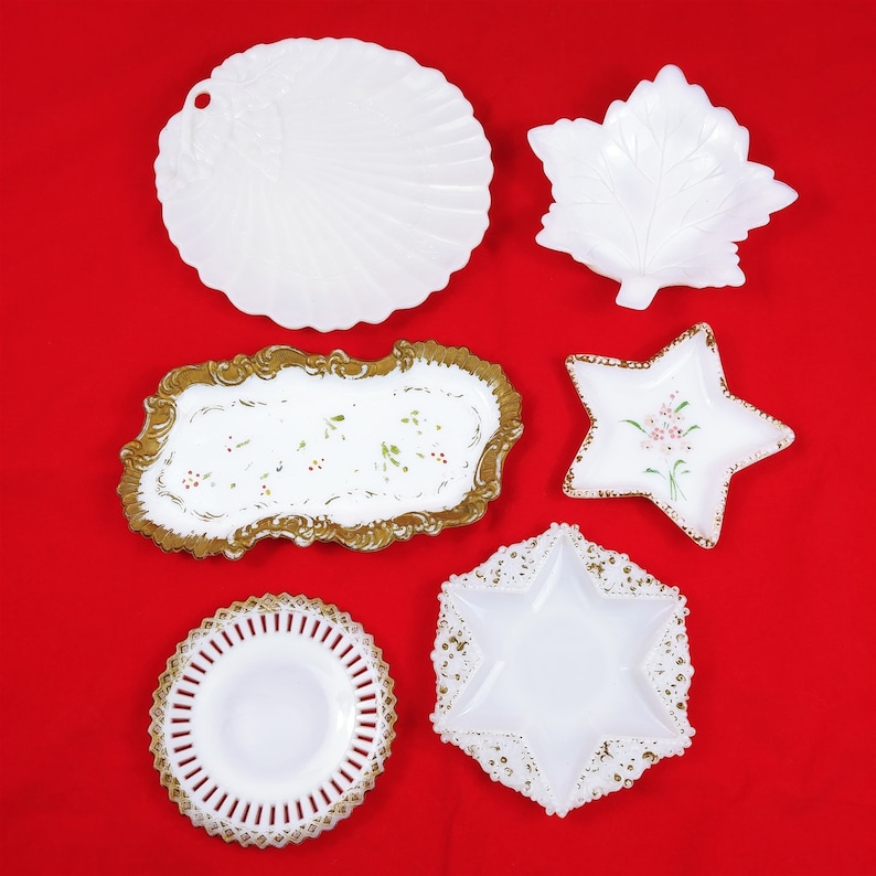 6 Vintage Milk Glass Plate Tray Dish Floral Painted Gilt Star Etsy
