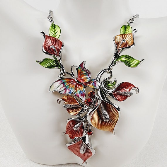 Pink Orange Enamel Floral Butterfly Necklace Earr… - image 6