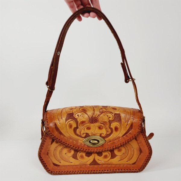 Vintage Laced Leather Hand Tooled Purse Shoulder Bag Floral Boho Western