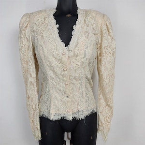 Vintage Jessica McClintock Cream Victorian Long Sleeve Lace Blouse Womens Size 4