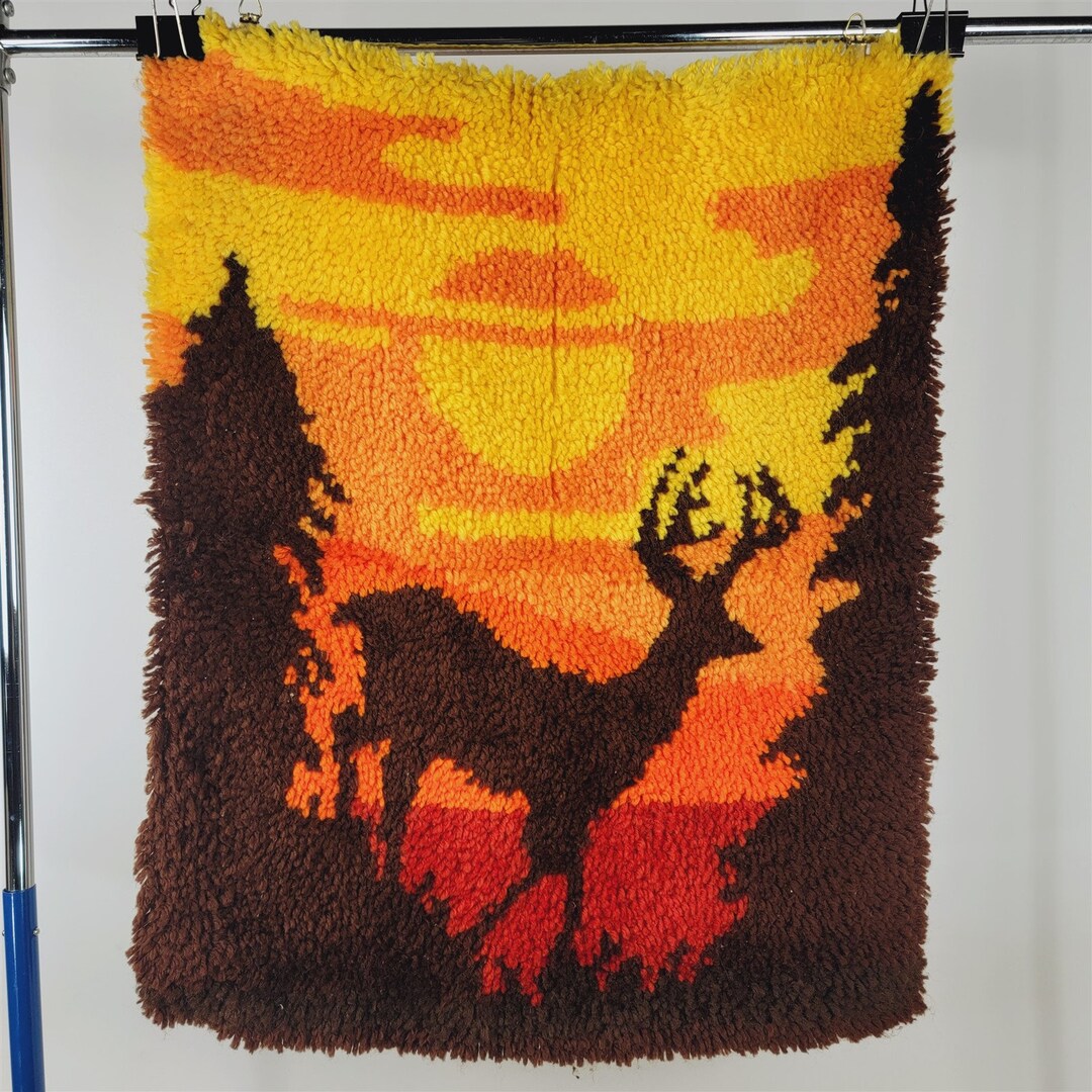 Vintage Shag Hook Latch Rug Deer Forest Sunset Retro 29x23 Etsy