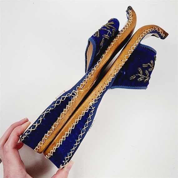 Vintage Turkish Ottoman Leather Silk Slippers Blu… - image 8