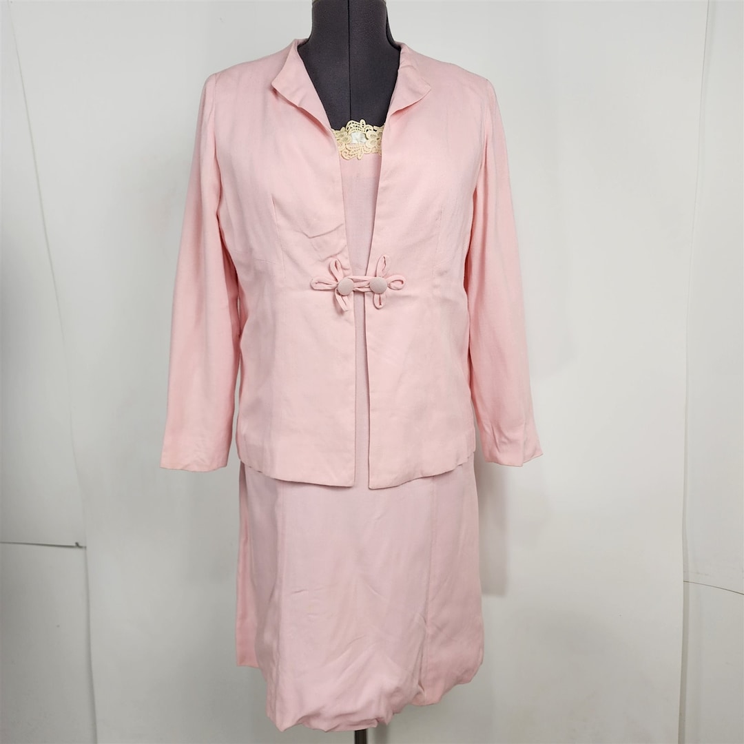 Vintage Light Pink Dress & Jacket Set Lace Trim Frog Closure Size L/XL