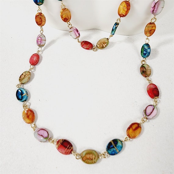 Vintage Colorful Painted Flapper Necklace w/ Gold… - image 3
