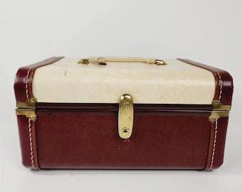 Vintage Cream Maroon Travel Train Case Makeup Luggage w/ Key and Mirror