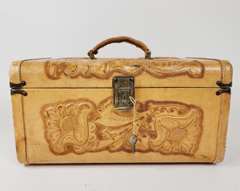 Vintage Hand Tooled Leather Train Case Makeup Luggage w/ Key