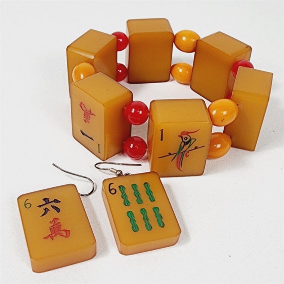 Vintage Mahjong Tile Bakelite Bracelet & Earrings… - image 1