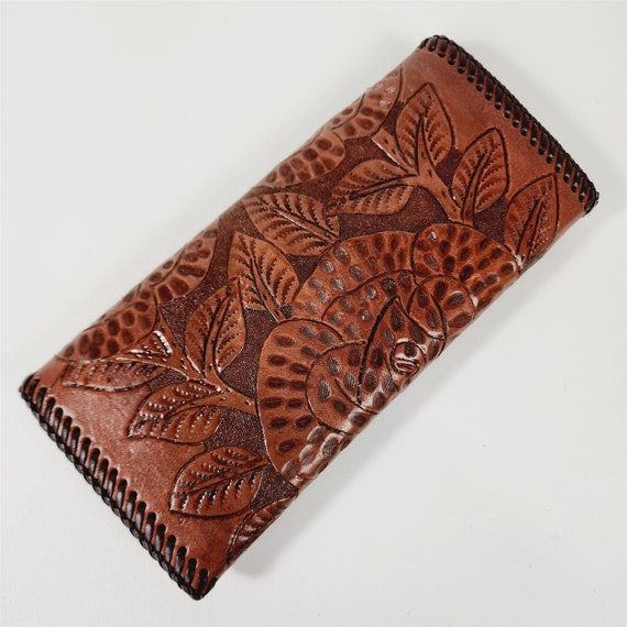 Vintage Tooled Leather Floral Laced Edge Tri-Fold… - image 2