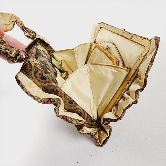 Vintage Floral Gold Cloth Floral Ruffled Handbag … - image 4