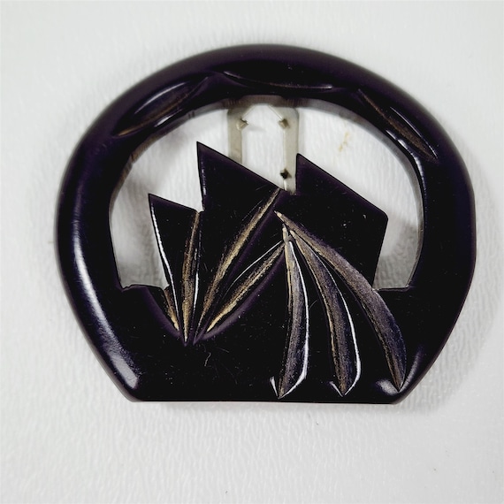 Vintage Black Carved Bakelite Dress Lapel Clip