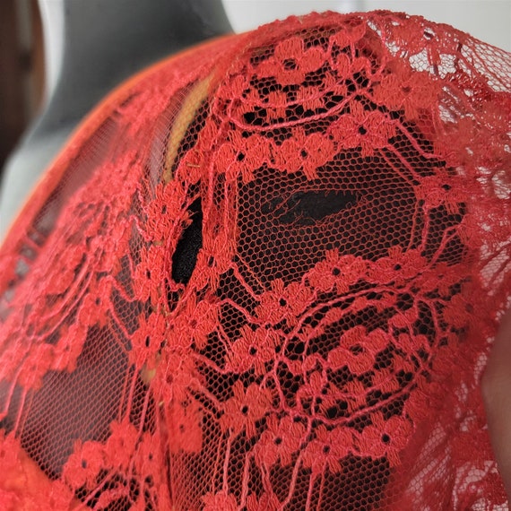 Vintage 1950s-60s Red & Orange Floral Lace Formal… - image 7