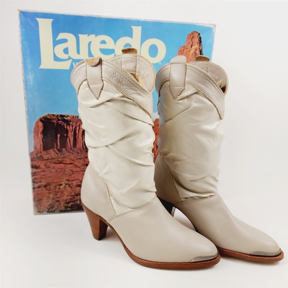 Vintage Laredo Cream Beige Leather Cowboy Boots -… - image 1