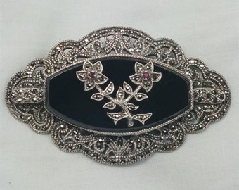 925 Sterling Silver Obsidian Marcasite Victorian Style Brooch Pin Flowers Rubies