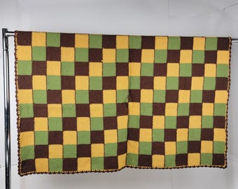 Vintage Crochet Knit Woven Lap Blanket Throw 70x56 Brown Yellow Green Retro