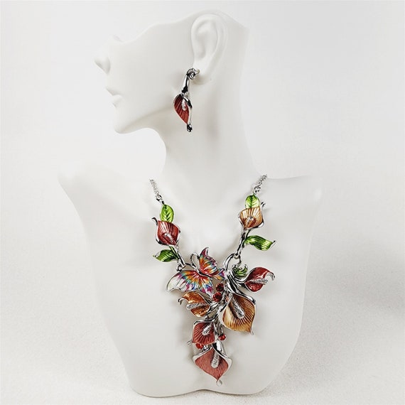 Pink Orange Enamel Floral Butterfly Necklace Earr… - image 1