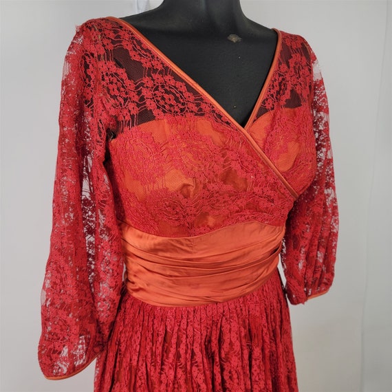 Vintage 1950s-60s Red & Orange Floral Lace Formal… - image 2