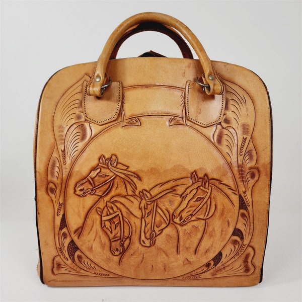 Vintage Hand Tooled Leather Bowling Ball Carrying Bag Horses Floral - Bad Zipper