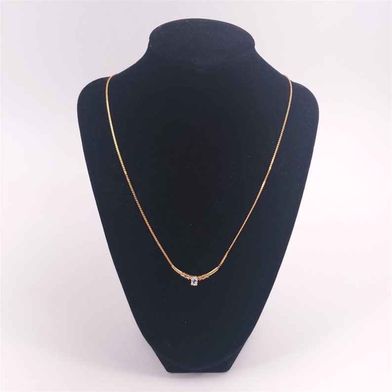 19 Vintage Gold Tone Chain Minimalist Necklace Light Blue Rhinestone
