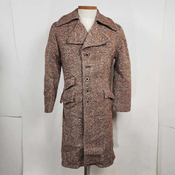 Vintage Laurence Sportswear Tweed Overcoat Brown Herringbone Faux 