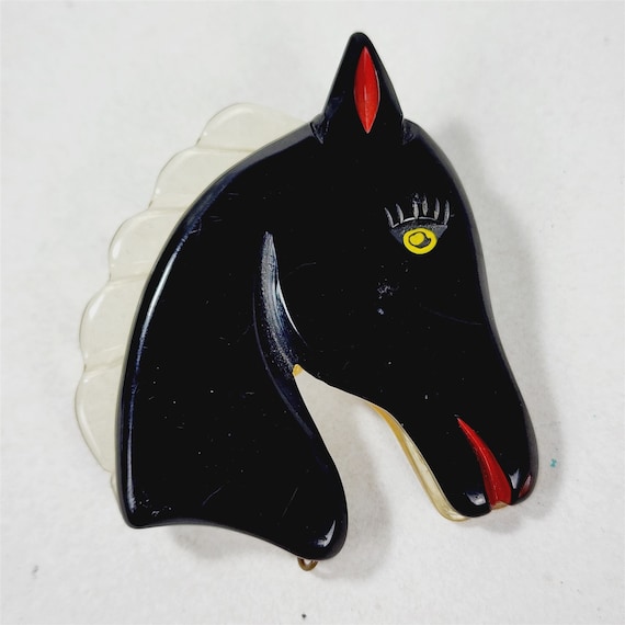 Vintage Black Horse Head Bakelite Clear Lucite Ma… - image 1