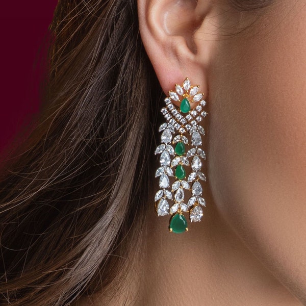 Ava Emerald Green Waterfall Drop Statement Earrings Jaipur Rose Gold Plated Indian Jewelry