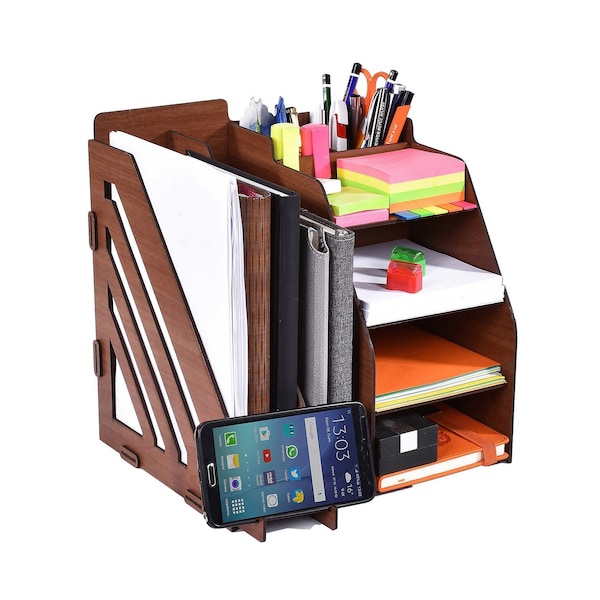 Wooden Desk Organizer with for Stationary, Home Office, Supply Storage For Office Supplies Wooden Shelved Stand