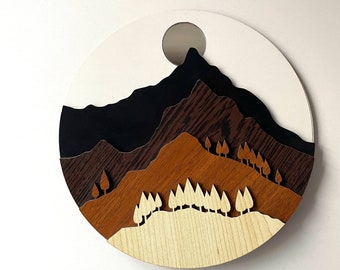 Wooden Landscape Wall Art, Mountains And Shining Moon Wooden Art, Wall Hangings, Wooden Art, Living Room, Housewarming Gift, Home Decor