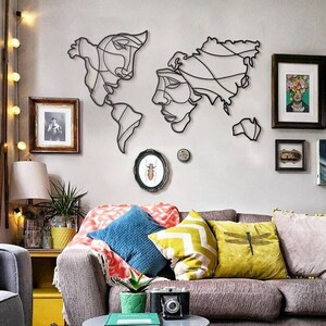Carte du monde silhouette femme, cadeau de pendaison de crémaillère, visages du monde, art mural, art en bois, salon, décoration d'intérieur, tentures murales