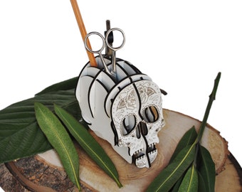 Wooden Skull pencil holder,Table decor, Death's Head,  Wooden table organiser,Friends Gift, holder,Lazer Cut, Birthday