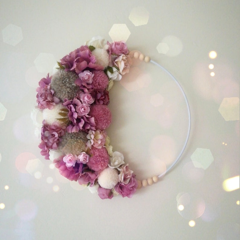 Spring Flowers Wreath Moon Pompoms Wall Decor Boho Wall Hanging Decor Nursery Decor Pink Purple Gray pom pom Wreath Modern Dreamcatcher