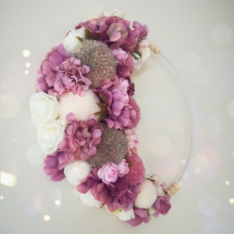 Spring Flowers Wreath Moon Pompoms Wall Decor Boho Wall Hanging Decor Nursery Decor Pink Purple Gray pom pom Wreath Modern Dreamcatcher