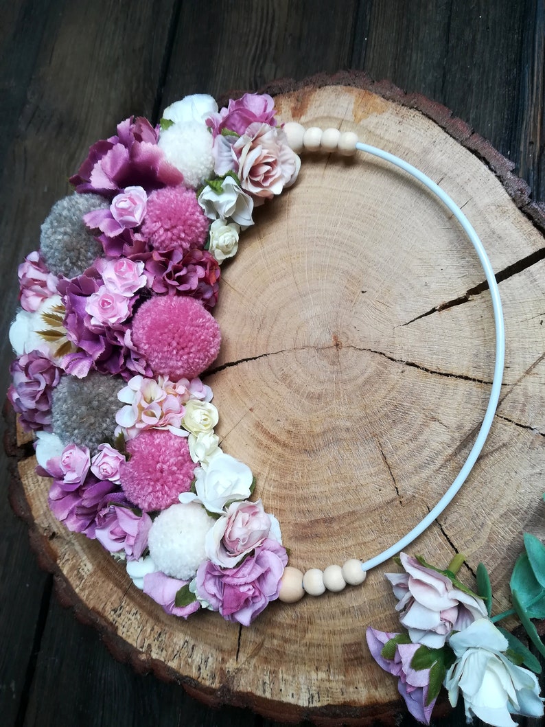 Spring Flowers Wreath Moon Pompoms Wall Decor Boho Wall Hanging Decor Nursery Decor Pink Purple Gray pom pom Wreath Modern Dreamcatcher