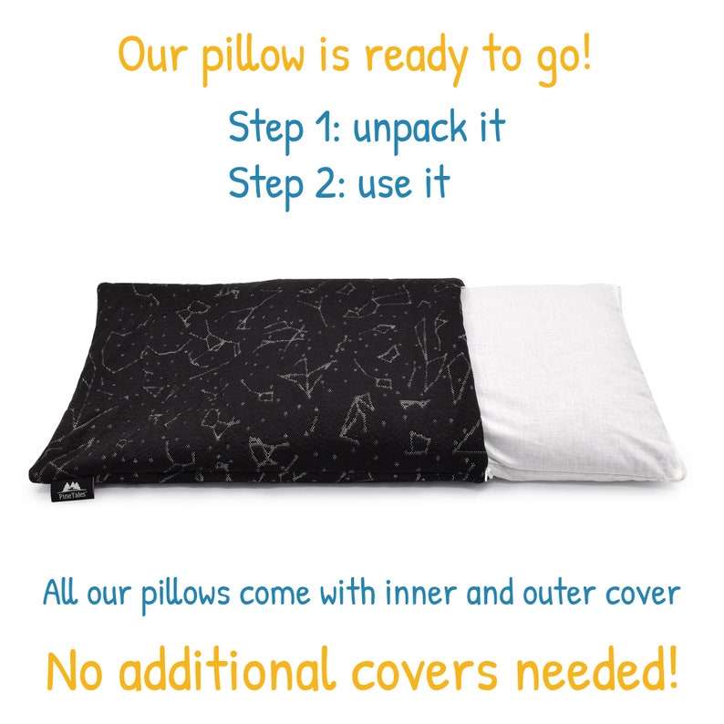 Puede incluir: Una almohada rectangular con una funda exterior negra con un patr&oacute;n de constelaciones blancas y una funda interior blanca lisa. El texto dice: Our pillow is ready to go! Step 1: unpack it, Step 2: use it. All our pillows come with inner and outer cover. No additional covers needed!