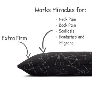 Puede incluir: Una almohada negra con un patr&oacute;n geom&eacute;trico blanco. El texto en la imagen dice: Extra Firm, Works Miracles for: Neck Pain, Back Pain, Scoliosis, Headaches and Migrane. Flechas se&ntilde;alan la superficie y el lado de la almohada.