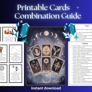 May include: Printable cards and combination guide with a dark blue background. The image features tarot cards, a tree guide, and a house guide. The text "instant download" is at the bottom.