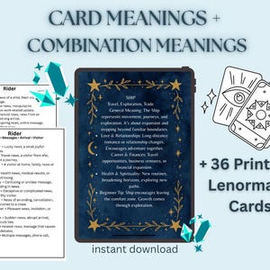 Op de afbeelding: Digitale download met Lenormand kaartbetekenissen en combinaties. De afbeelding toont een tablet-afbeelding met tekst, twee kaartillustraties en de woorden "+ 36 Printbare Lenormand Kaarten!" en "direct downloaden."