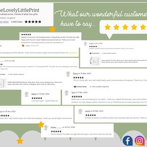 May include: A collage of customer reviews for a small business selling personalized prints, frames, and letterbox gifts. The reviews are positive and include five-star ratings. The business name is "The Lovely Little Print".