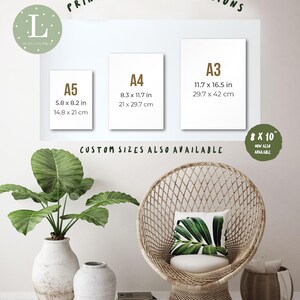 May include: Print sizes and dimensions for art prints. The sizes are listed in inches and centimeters. The sizes are A5, A4, and A3. Custom sizes are also available. The image also shows an 8x10 inch print size.