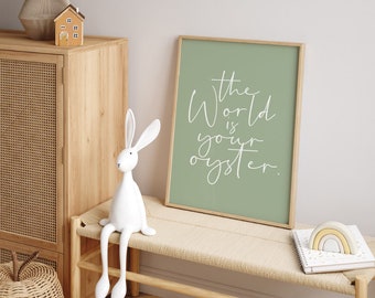 The World is your Oyster print - olive green background, printed on 250gsm matte finish premium card. Available in A5, A4 and A3.