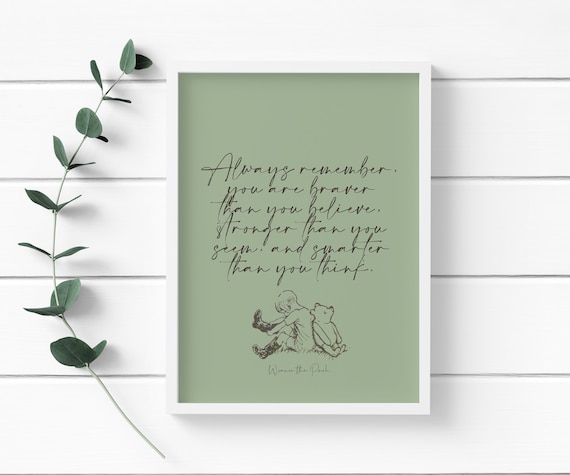 Classic Winnie the Pooh quote print - olive background, printed on 250gsm matte finish premium card. Available in A5, A4 and A3.