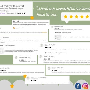May include: A collage of customer reviews for a personalized print shop. The reviews are positive and highlight the shop's high-quality products, fast shipping, and excellent customer service. The shop's name is "TheLovelyLittlePrint" and their tagline is "Personalised prints, frames & letter box gifts".