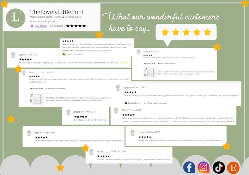 May include: A collage of customer reviews for a personalized print shop. The reviews are positive and highlight the shop's high-quality products, fast shipping, and excellent customer service. The shop's name is "TheLovelyLittlePrint" and their tagline is "Personalised prints, frames & letter box gifts".