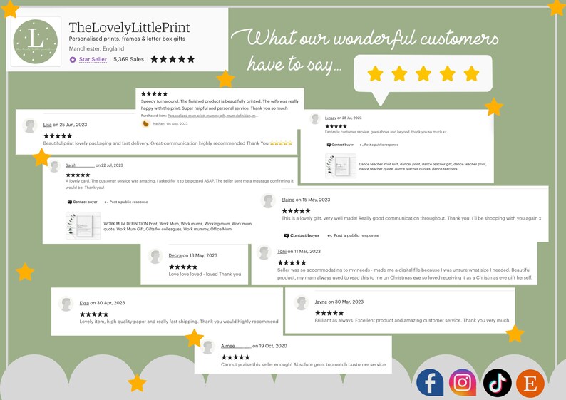 May include: A collage of customer reviews for a small business selling personalized prints, frames, and letterbox gifts. The reviews are positive and include five-star ratings. The business name is "The Lovely Little Print".