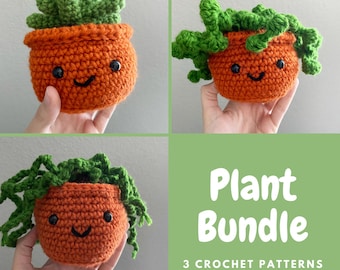 May include: A set of three crochet patterns for making cute plant pot plushies. The patterns include a smiling orange pot with green leafy stems.