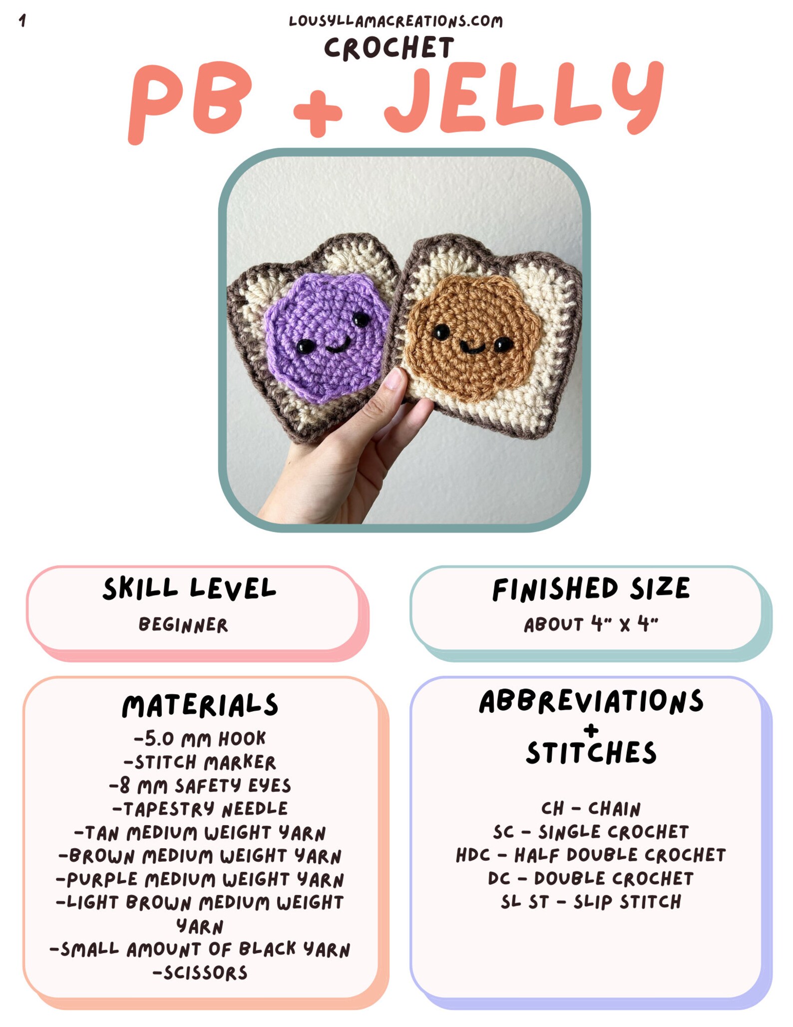 PATTERN Beginner Peanut Butter and Jelly With Toast Variation Etsy