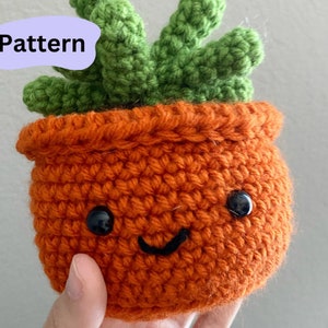 May include: A crocheted succulent plant in a small orange pot with a smiling face. The plant has green leaves and the pot has black eyes.