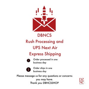 May include: A red graphic of an envelope with a rocket launching from it, with the text "DBNCS Rush Processing and UPS Next Air Express Shipping." The image also states that orders are processed and shipped in one business day.