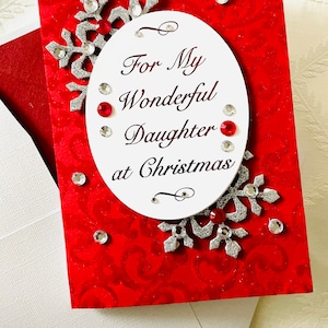 Tarjeta navideña roja/Para hija/Copo de nieve plateado