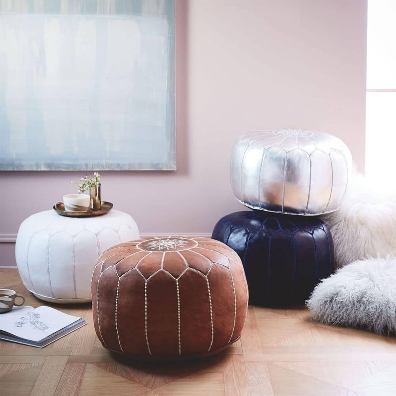 Pouf Footstool in Natural Color 14 h x 20 d Leather Ottoman Moroccan POUFS Pouf Ottoman Premium Luxe Moroccan Leather Ottoman Pouffe